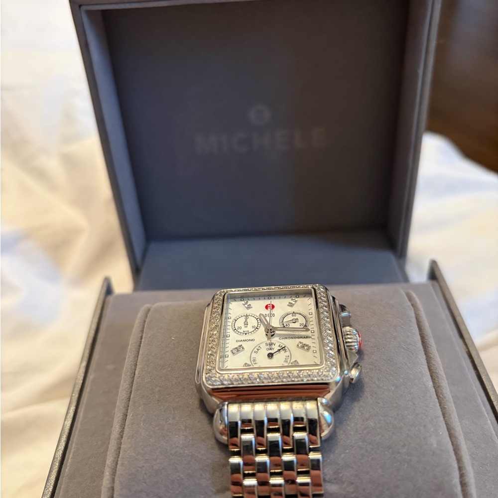Michele Silver Chronograph Watch with Diamond Bezel